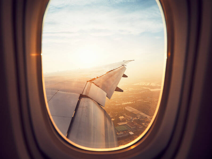 Airplane wing seen from a passenger window