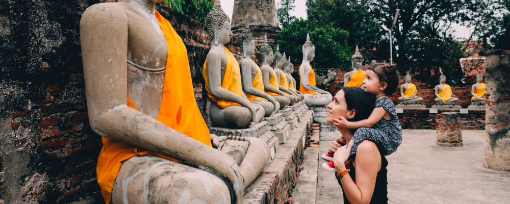 Mother with child on shoulders at temple
