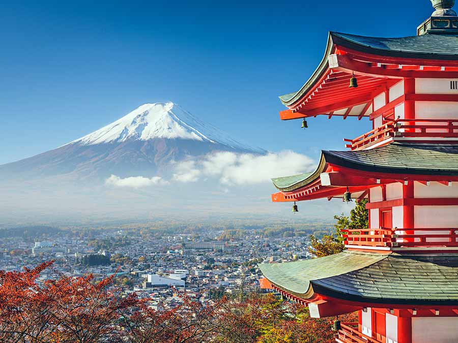Pagoda overlooking Mt Fuji, Japan