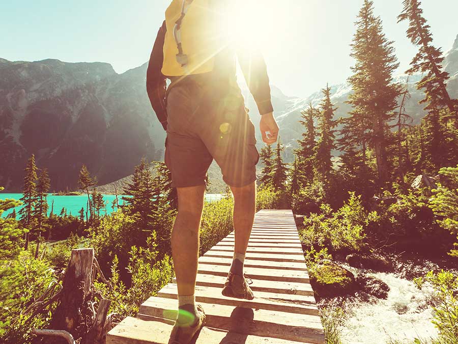 Man hiking in front of tall trees and lake
